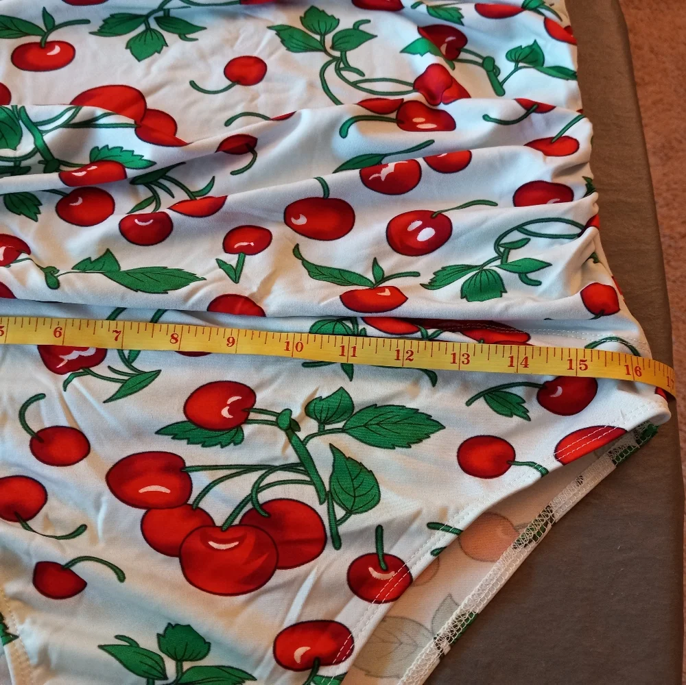 Retro Cherry Print 1-PC Bathing Suit Rockabilly 50s Pin Up Girl - Picture 7 of 13